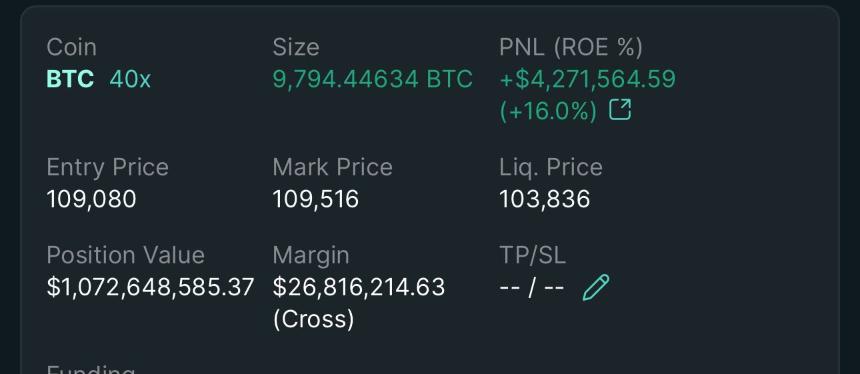 比特币巨鲸 James Wynn 在 Hyperliquid 平台将 40 倍多头仓位扩大至 10.7 亿美元